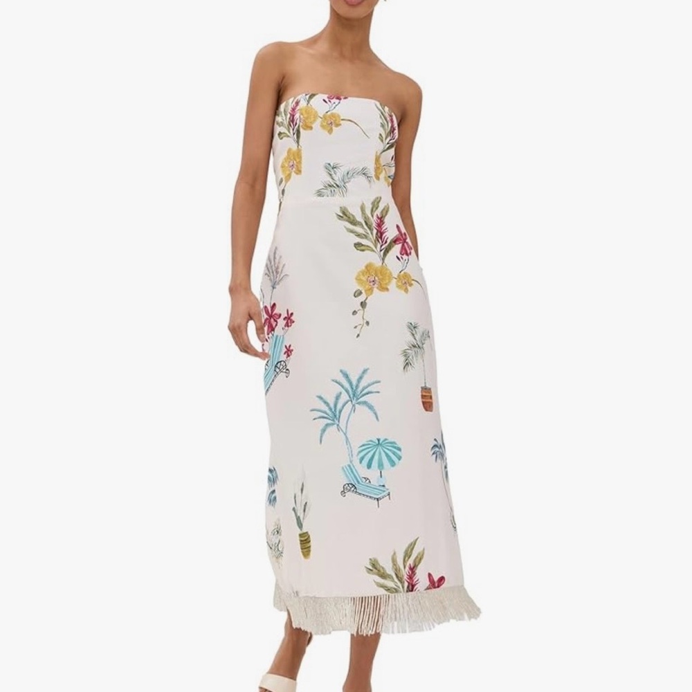 Isla & White Agape Dress Strapless White Tropical-Print Midi Dress